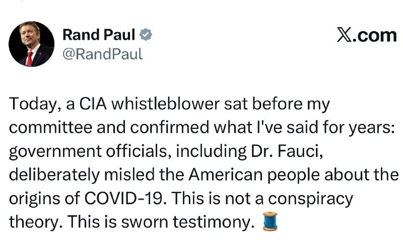 Senátor za Kentucky Rand Paul – o tom, že původ COVID-19 souvisí s vládou USA:Dnes zdroj z CI...