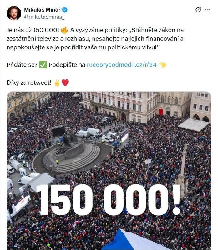 Skvělá zpríva! Minář už sehnal dost poplatníků,  kteří zachrání demokracii. 150 tis?...