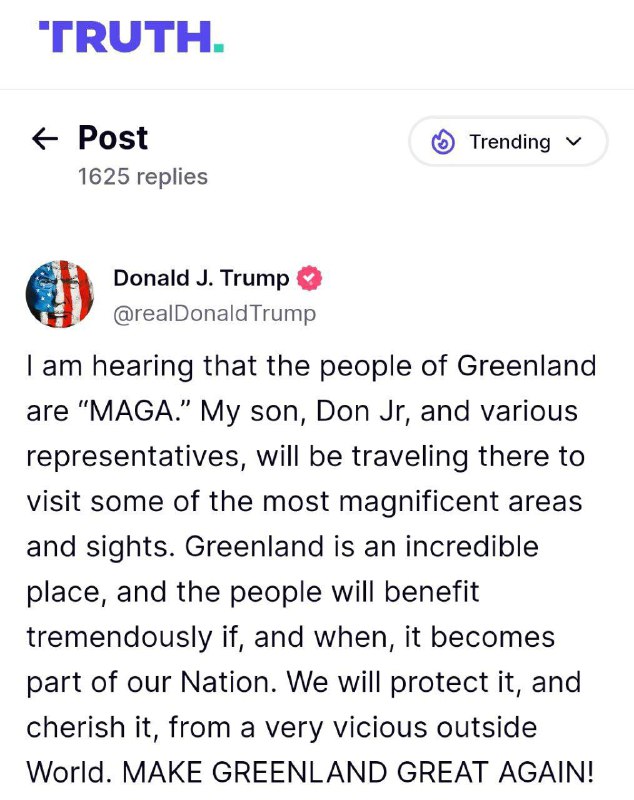 💥 Slyšel jsem, že lidé v Grónsku jsou "MAGA".Můj syn Don Jr a různí zástupci ta...