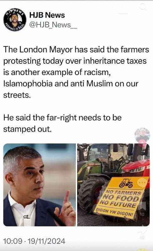 ❗️ 🇬🇧 Starosta Londýna řekl, že dnešní protesty farmářů proti dědické dani jsou ...