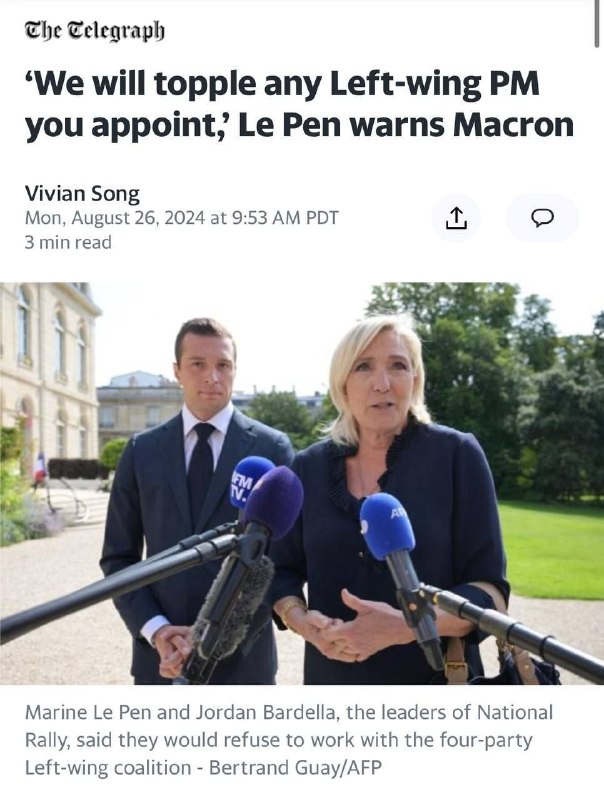 ⚡️🇫🇷 „Svrhneme každého levicového premiéra, kterého nominujete“, varuje Le Penov?...