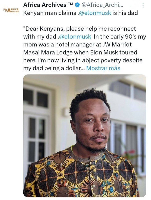 Syn Elona Muska se objeví v Africe  „Drazí Keňané, prosím, pomozte mi znovu se spojit s mým ...