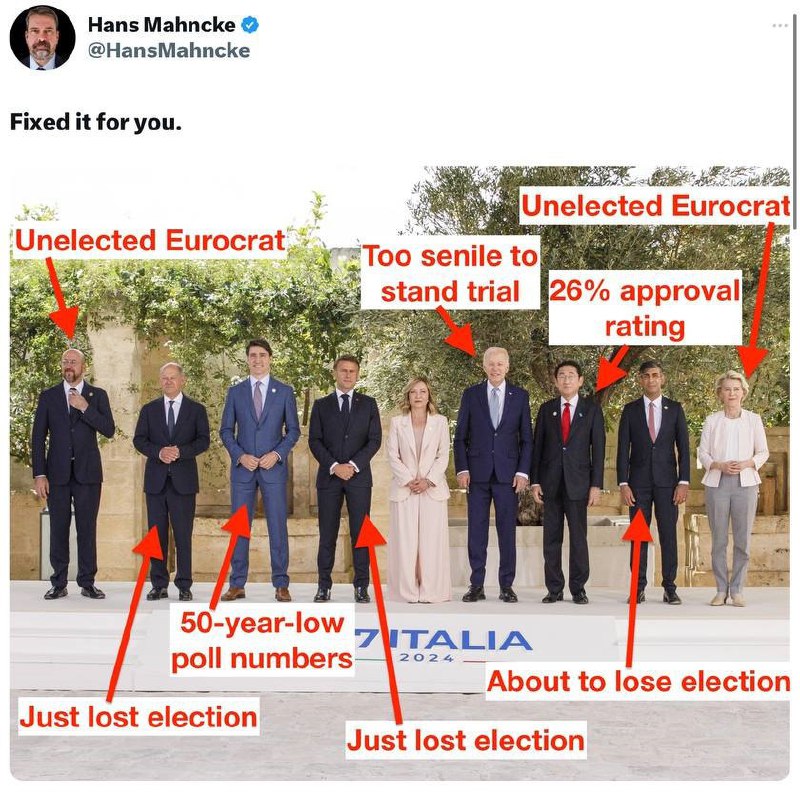 🤦‍♂️ Takže vůdci G7 jsou:🇪🇺 Charles Michel a Ursula jsou nevolení úředníci EU,?...