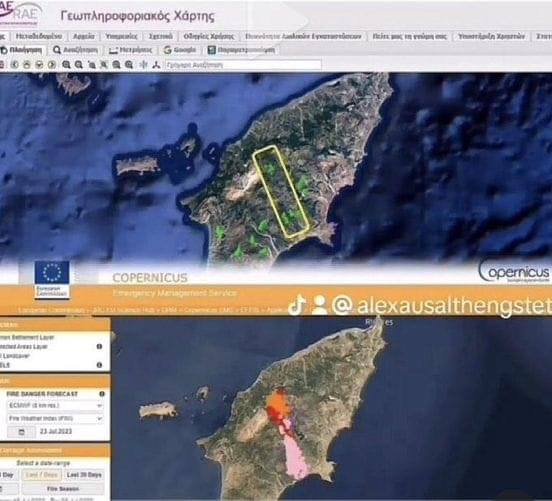 Tam, kde je nyní oheň na Rhodosu, existuje povolení k výstavbě větrné továrny. Geoinformačn...
