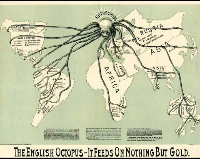 Tento americký mediální obrázek z roku 1894 s popiskem„Anglická chobotnice – živí se jen ...
