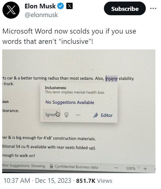 Textový editor Microsoft Word má nyní vestavěný probuzený cenzorUpozornil na to Elon Musk. Ř?...