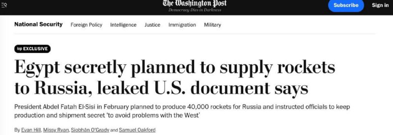 ‼️🇪🇬🇷🇺The Washington Post: Egypt plánoval tajně vyrobit a dodat Rusku 40 000 raket...