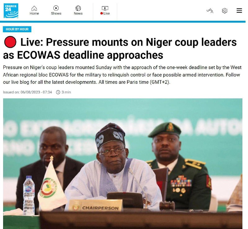 Tikají poslední hodiny před možnou vojenskou invazí do Nigeru - France 24 Několik hodin před ...