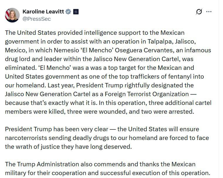 🇲🇽🇺🇸 Tisková mluvčí Bílého domu Caroline Levitt potvrdila, že USA poskytovaly podp...