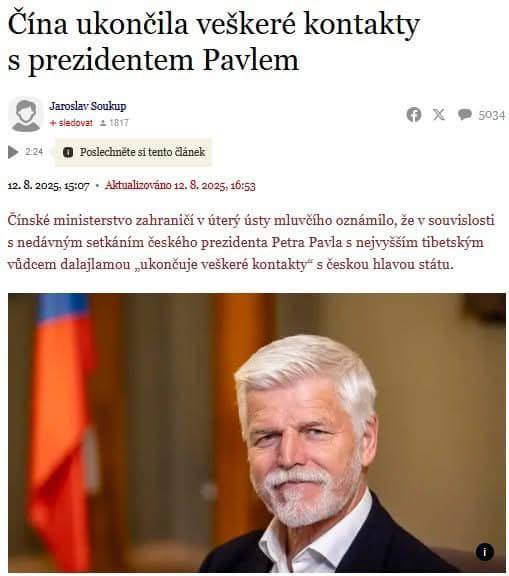 🇨🇳🇨🇿🇪🇺To, že Čína zablokovala veškeré vztahy s prezidentem Pavlem, je jen tř...