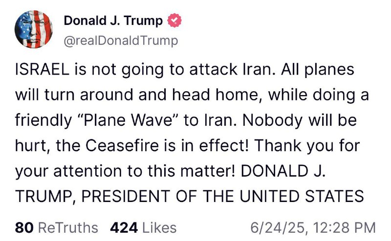⚡️Trump: „IZRAEL nezaútočí na Írán. Všechna letadla se otočí a zamíří domů, zatím...