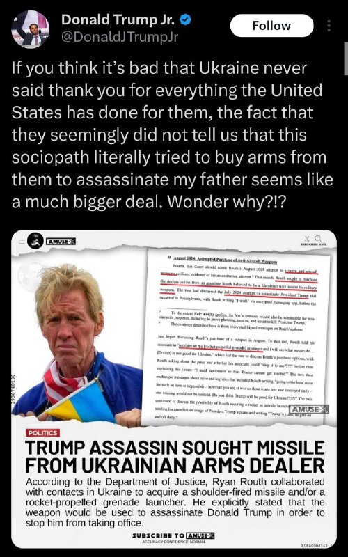 🇺🇸🇺🇦 Trump Jr. obviňuje Ukrajinu ze spoluúčasti na pokusu o atentát na jeho otcePoku...