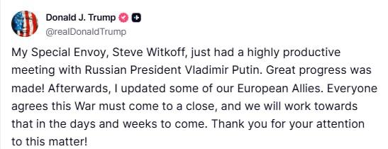 ‼️🇺🇸🇷🇺Trump: Můj zvláštní vyslanec Whitkoff právě absolvoval velmi produktivn?...