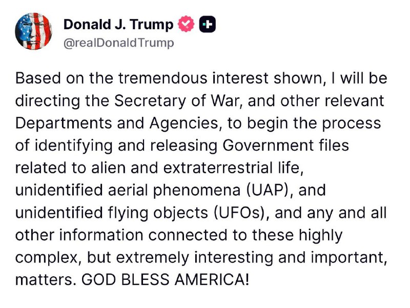 Trump nařídil odtajnění dokumentů souvisejících s mimozemšťany:Vzhledem k obrovskému zájm... Trump nařídil odtajnění dokumentů souvisejících s mimozemšťany:Vzhledem k obrovskému zájm...