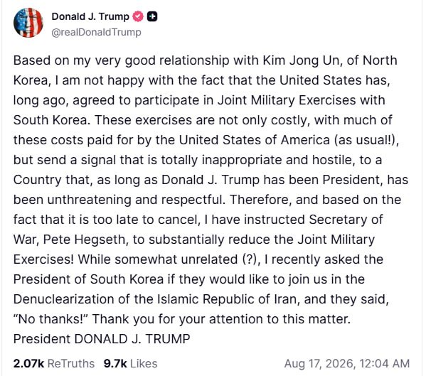 🇺🇸🇰🇵 Trump 🤡🤥nařídil snížit počet vojenských cvičení se Jižní Koreou kv?...