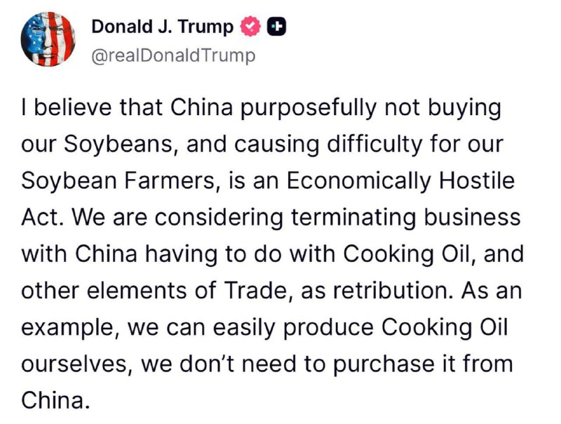 Trump o odmítnutí USA nakupovat od Číny olej:Myslím, že Čína záměrně nekupuje naši sóju...