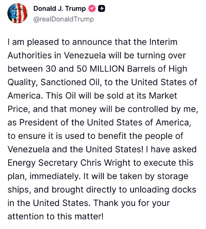Trump o tom, kolik ropy venezuelské vlády poskytne USA:Jsem rád, že mohu oznámit, že dočasné...