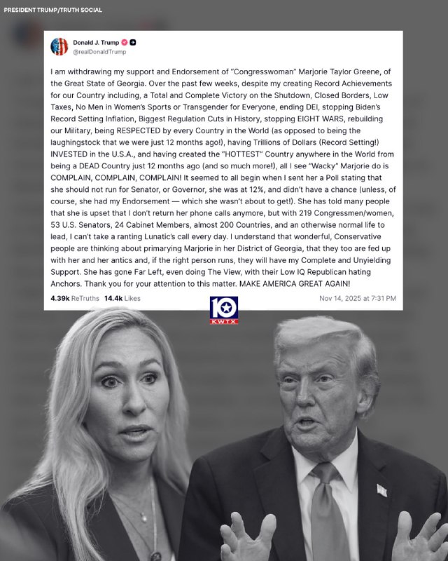 Trump odvolává podporu poslankyni Marjorie Taylor Greene, označuje ji za „podivínku“ a „bl...