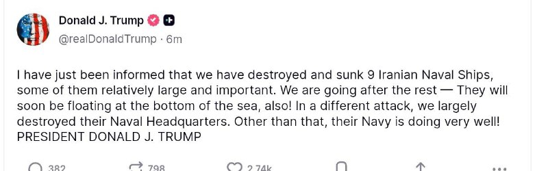 ‼️🇺🇸🇮🇷 Trump oznámil potopení devíti íránských lodí➖ „Právě jsem byl in...