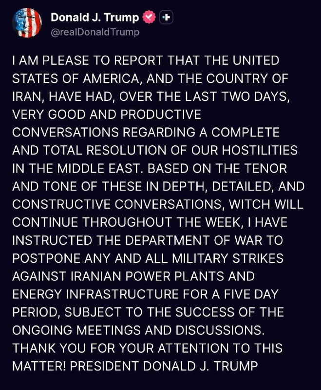 🇮🇷🇺🇸 Trump oznamuje 5denní přestávku v útocích na íránskou energetickou infrastru...