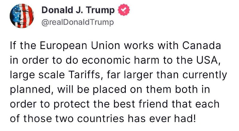 Trump pohrozil ještě většími cly vůči EU a Kanadě, pokud budou spolupracovat, aby ekonomicky...