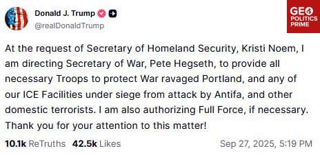 🇺🇸🤥 Trump posílá vojáky do Portlandu, schvaluje „plnou sílu“💬 Ve svém příspě...
