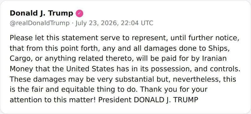 ❗️ Trump prohlásil, že má v úmyslu použít zmrazené íránské aktiva k kompenzaci škod z... ❗️ Trump prohlásil, že má v úmyslu použít zmrazené íránské aktiva k kompenzaci škod z...
