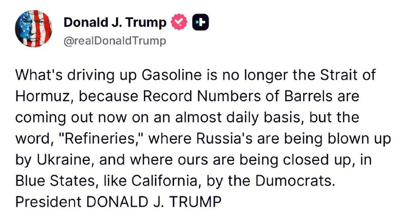 Trump prohlásil, že ukrajinské útoky na ruské ropné rafinerie jsou příčinou růstu cen benz...