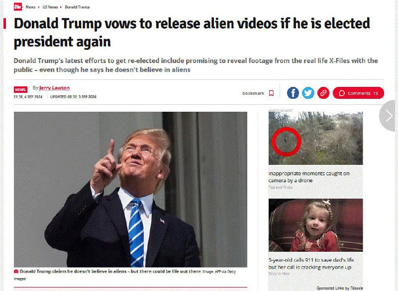 Trump slíbil, že ukáže všechna tajná videa s mimozemšťany.Republikánský kandidát na prezi...