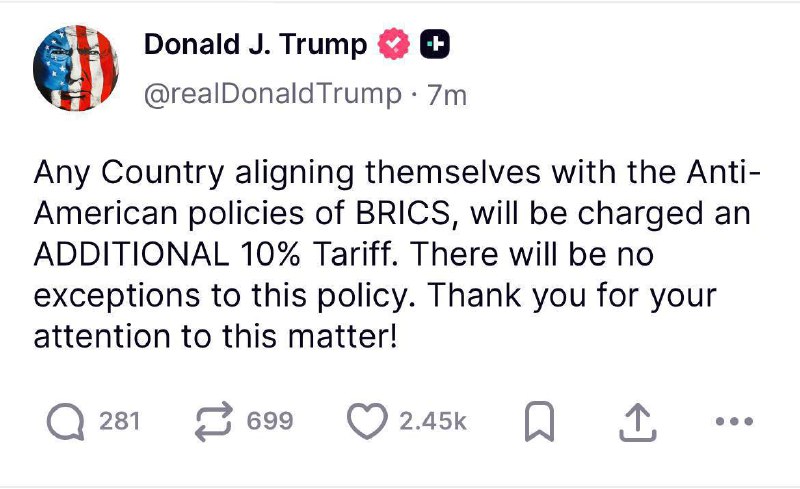 🇺🇸Trump zastrašuje země BRICS„Na země podporující politiku BRICS budou uvalena dodateč...