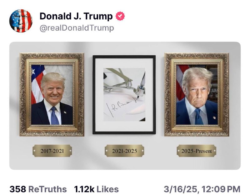 Trump zveřejnil svou verzi galerie oficiálních portrétů obyvatel Bílého domu.Namísto Bidenov...