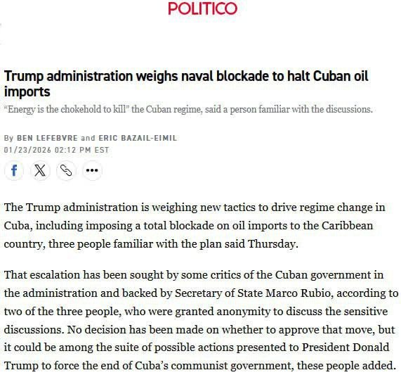 🇨🇺🇺🇸 Trumpova administrativa zvažuje možnost námořní blokády k zastavení dovozu k...