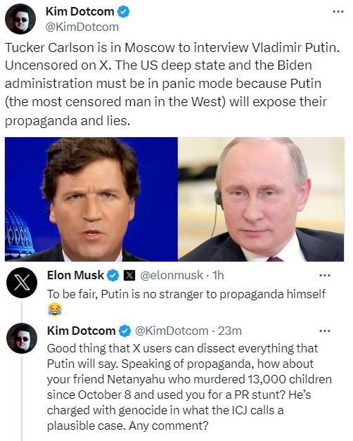 Tucker ještě ani nemluvil s Putinem a na internetu už vypukly první potyčky:Kim Dotcom:Tucker C...