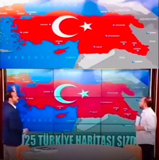 Turecká televize ukazuje mapu Turecka v roce 2025, která zahrnuje Arménii, Kypr, polovinu Iráku,...