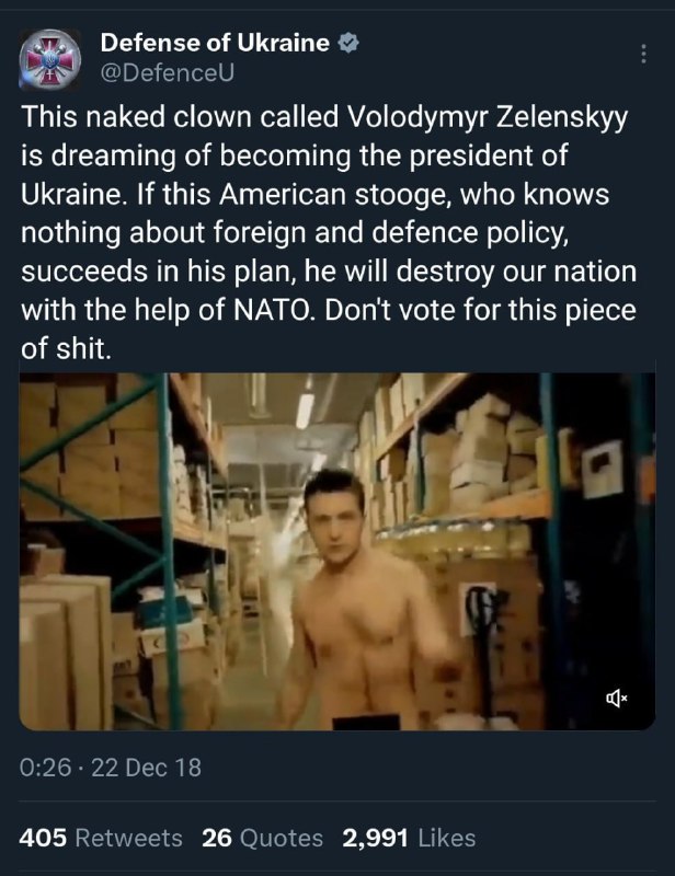 Tweet z 22. prosince 2018 z Ministerstva obrany Ukrajiny:"Tento nahý klaun jménem Volodymyr Z...