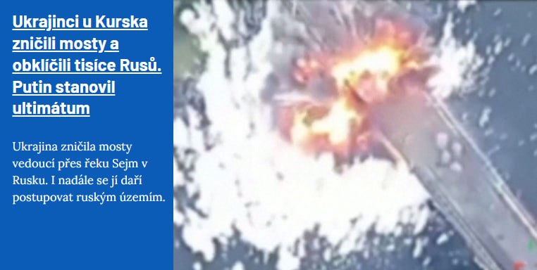 Ukrajinci u Kurska zničili mosty a obklíčili tisíce Rusů. Putin stanovil ultimátum.Ukrajinci i... Ukrajinci u Kurska zničili mosty a obklíčili tisíce Rusů. Putin stanovil ultimátum.Ukrajinci i...