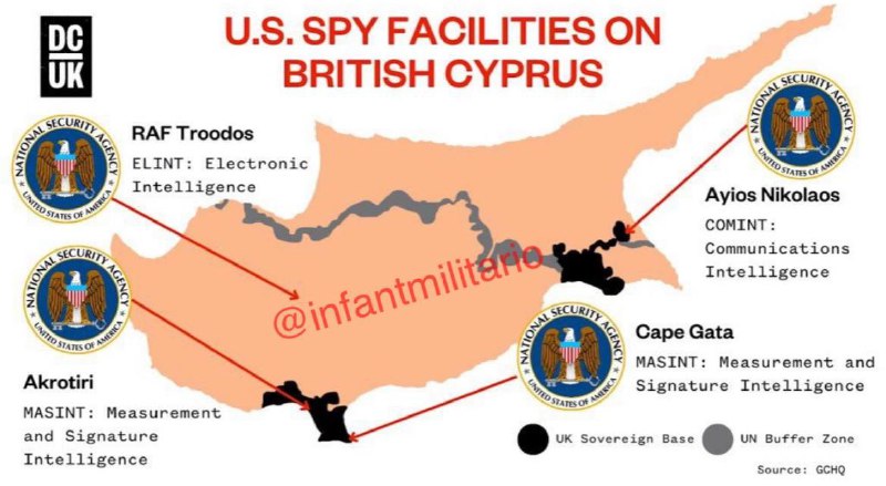 Umístění amerických zpravodajských základen na Kypru.Britské základny jsou také používán...