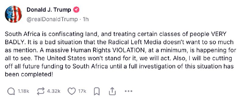 🔥 USA zastaví veškeré financování Jihoafrické republiky.Toto prohlášení učinil americk?...