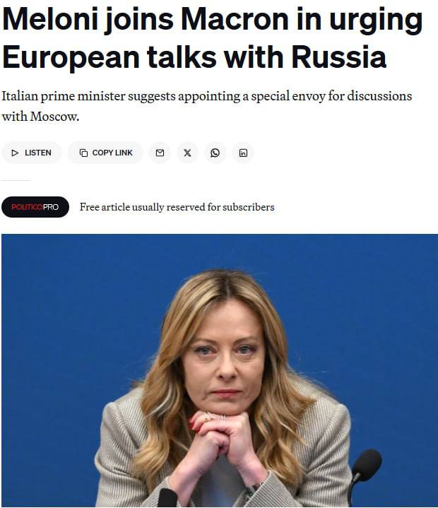 ⏺V EU roste podpora iniciativy Macrona a Meloni o jednáních s Ruskem.🗣Podle Politico získáv...