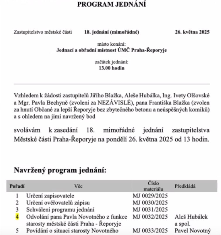 🔴🔈V Řeporyjích je svoláno mimořádné zastupitelstvo k odvolání Novotného.Zastupitelstv...