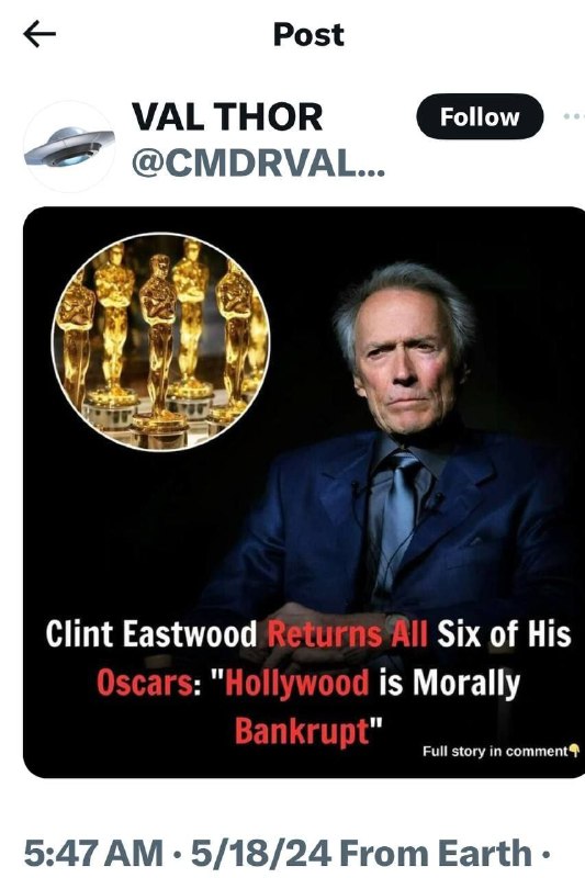 Val Thor na XClint Eastwood vrací všech šest svých Oscarů:„Hollywood je morálně bankrot“h...