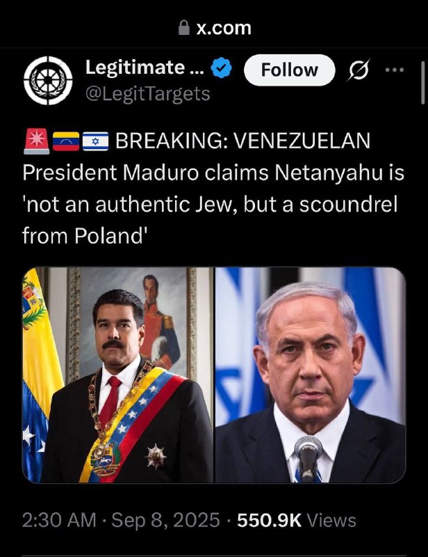 Venezuelský prezident Maduro tvrdí, že Netanjahu "není pravý Žid, ale darebák z POLSKA&q...