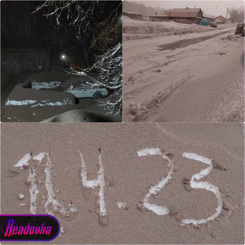 Vesnice Klyuchi na Kamčatce byla pokryta popelem - obloha je černá kvůli mraku vytvořenému po ...