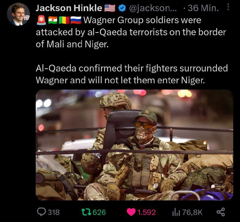 🪖 Vojáci skupiny Wagner byli napadeni teroristy Al-Káidy na hranicích mezi Mali a Nigerem.Al-K...
