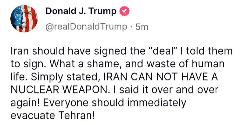 ‼️🇺🇸🇮🇷Všichni by měli okamžitě evakuovat Teherán — Trump➖„Írán měl pod...
