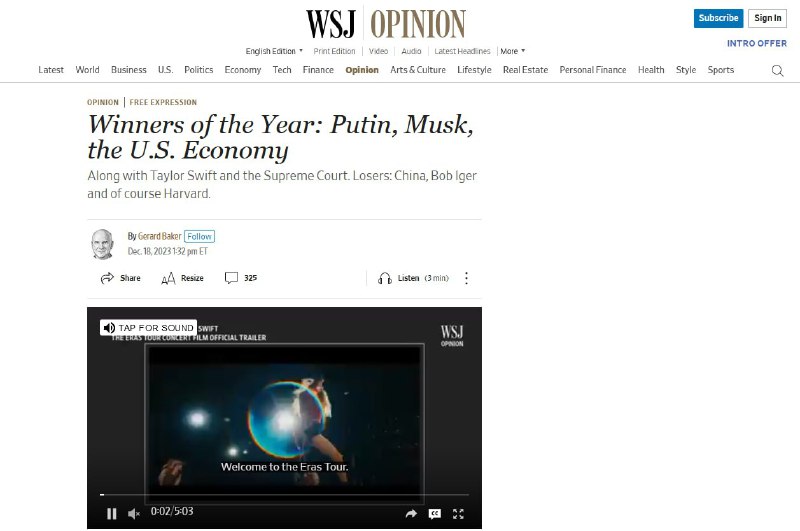 Wall Street Journal jmenoval Vladimira Putina „geopolitickým vítězem roku“Jak píše sloupka?...