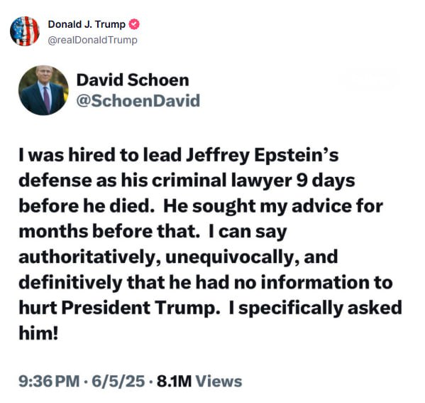 💥 ŽÁDNÁ ŠPINA NA TRUMPOVI — Epsteinův právníkTrump sdílel příspěvek svého právník...