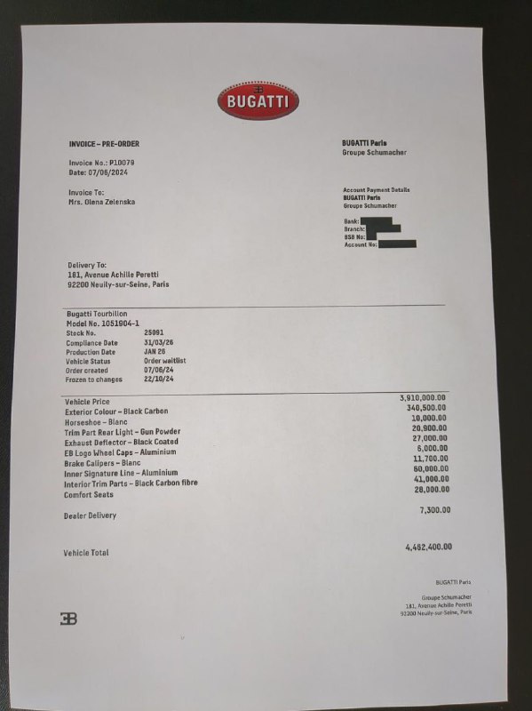 Zelenskaja se stala prvním kupcem nejnovějšího Bugatti TurbillonPodle francouzských médií př...