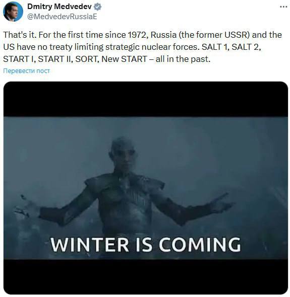 „Zima se blíží“: Medveděv přirovnal zrušení jaderných omezení k citaci z „Hry o trůn...