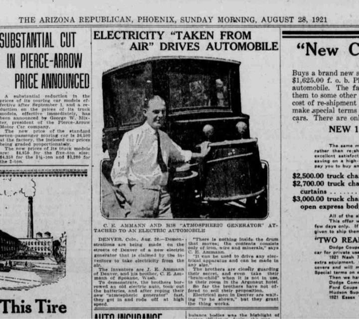 ZVEDAVÉ NOVINY (1921) Název článku:"Elektřina ze vzduchu pohání auto."Toto je elekt...